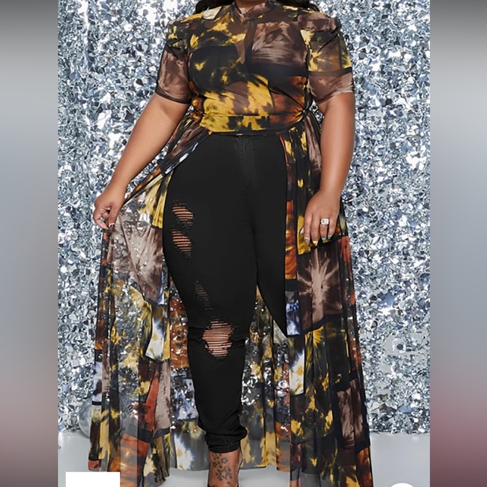 All Over Print Mesh Puff Sleeves Blouse